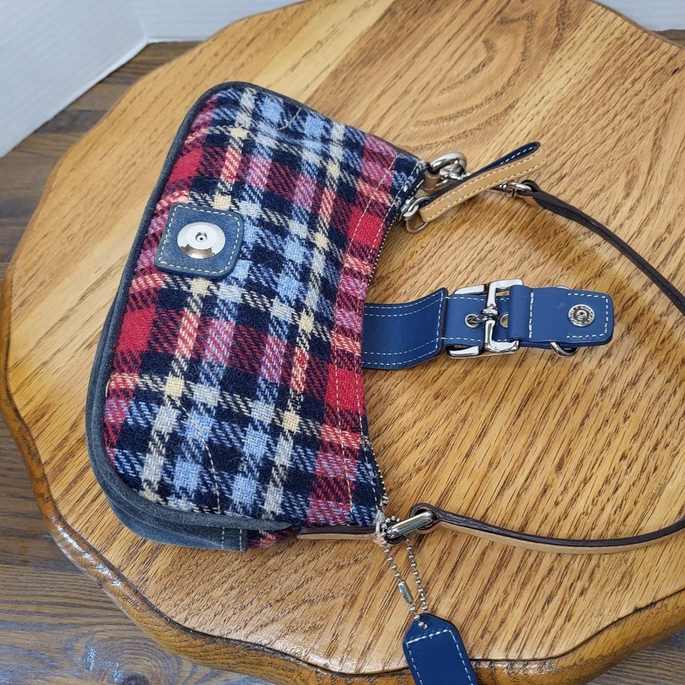 Coach Red and Navy Plaid Wool Satchel with Leather Trim - Picture 11 of 16